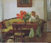 Interior with poppies and reading woman Anna Ancher